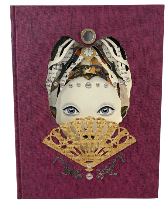 <strong>Looks that Kill</strong><br>
Valerie Savarie<br>
2021<br>
<br>
Hand cut altered book (The Short Stories of Oscar Wilde published by Heritage, 1968), acrylic, watercolor, acryla gouache, thread, mirror