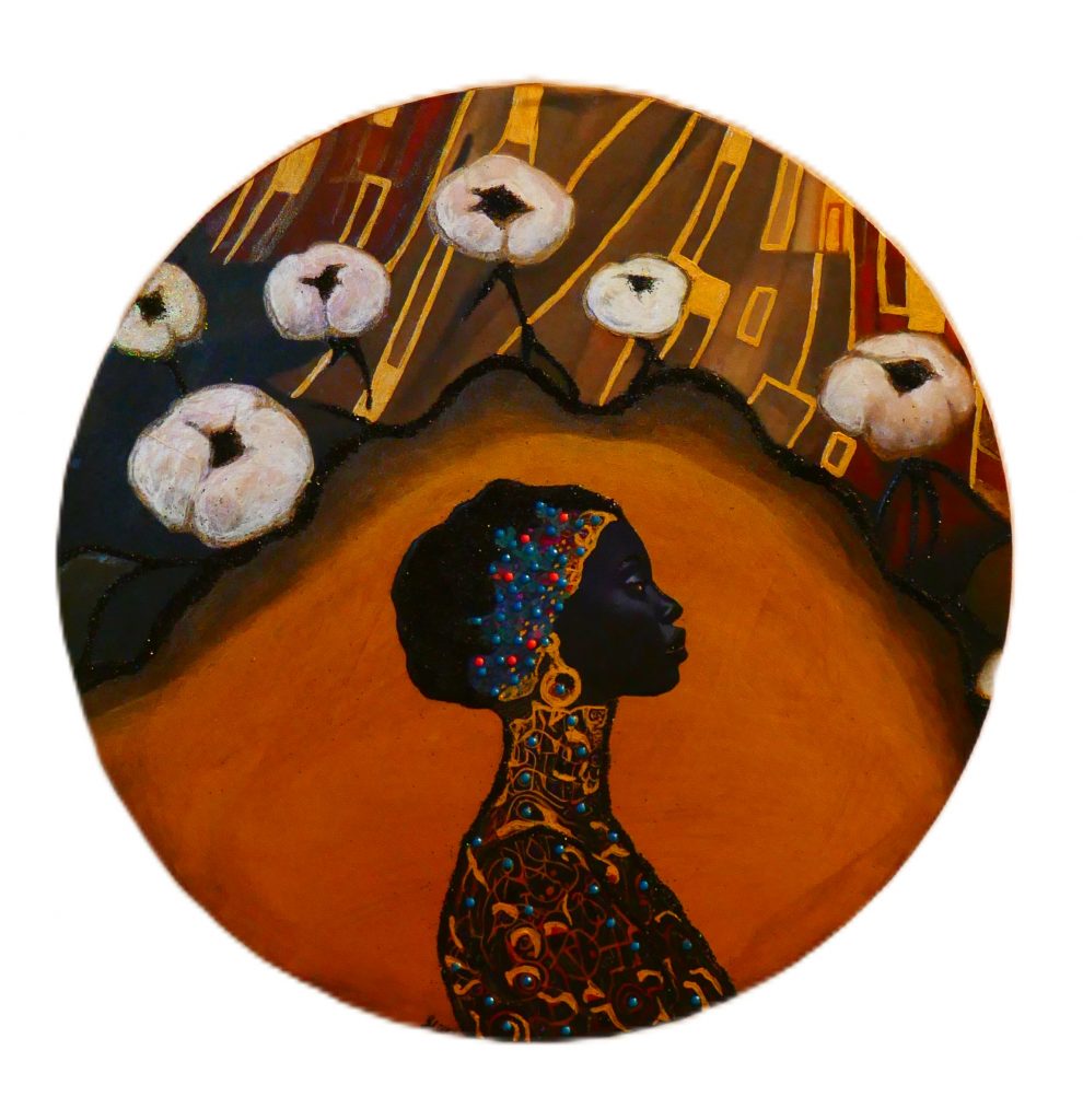 <strong>Equanimity</strong><br>
Shieka Leslie-Eke<br>
2025<br>
<br>
Paint, clay, beads, photography and organic elements on wood panel