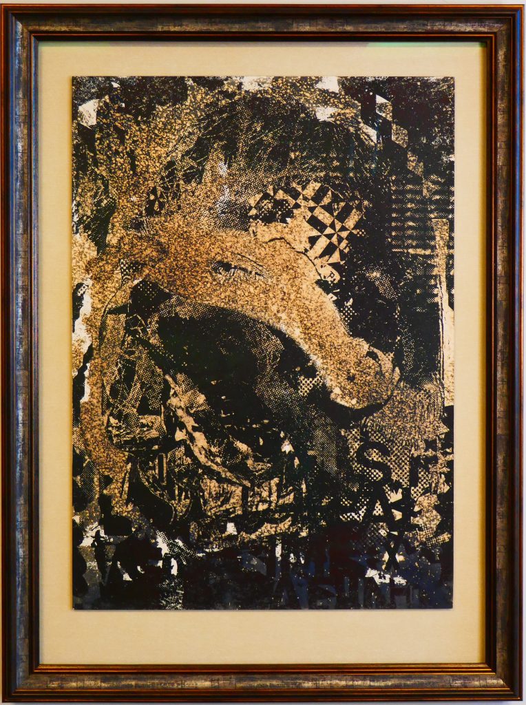 <strong>Glance</strong><br>
Alexandre Farto (Vhils)<br> 
2021<br>
<br>
Quink ink, bleach and acid on paper