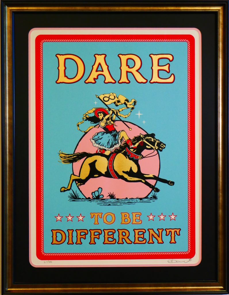 <strong>Dare To Be Different</strong><br>
Eddy Bennett<br>
<br>
Screen print and gold foil on 270gsm paper