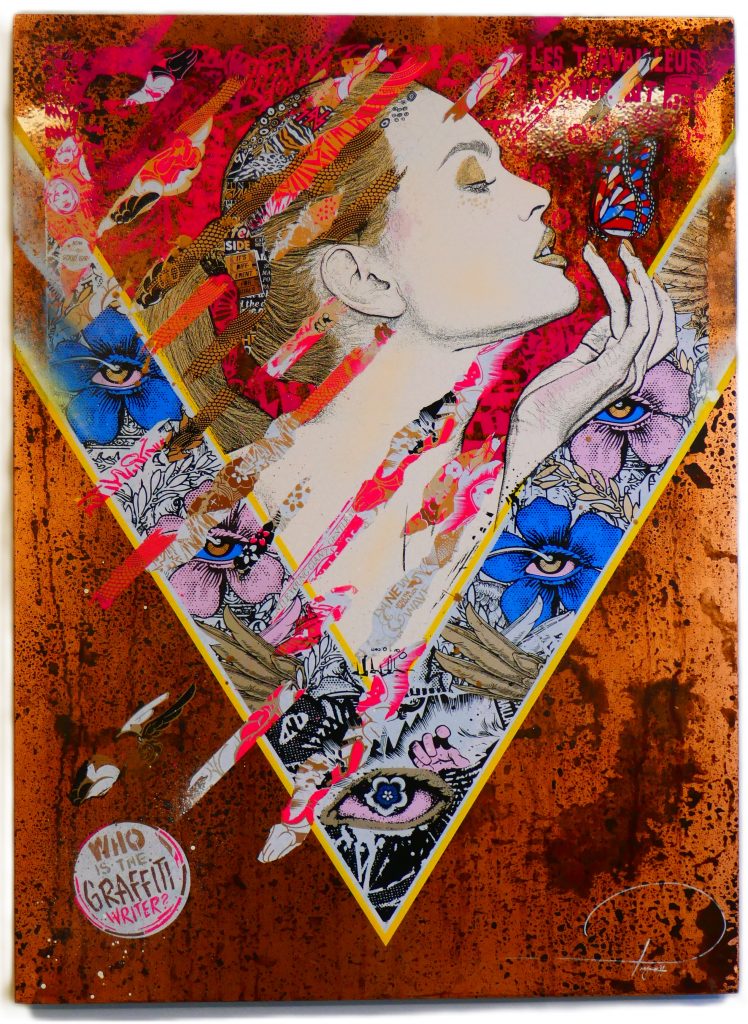 <strong>The Butterfly Collector</strong><br>
Peter Manning (Prefab77)<br>
2020<br>
<br>
Mixed media on aluminum panel