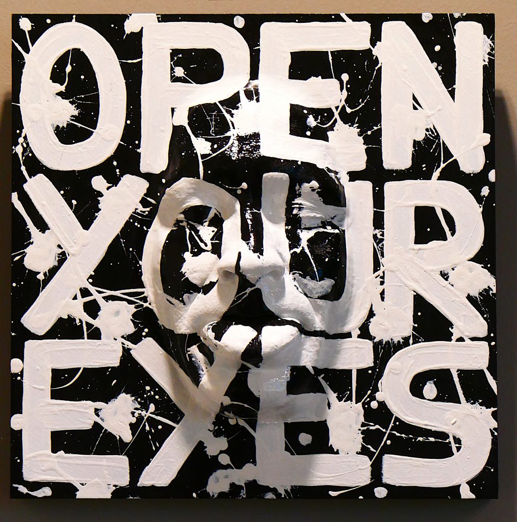 <strong>Open Your Eyes</strong><br>
Gregos<br>
2023<br>
<br>
Resin and acrylic on wood