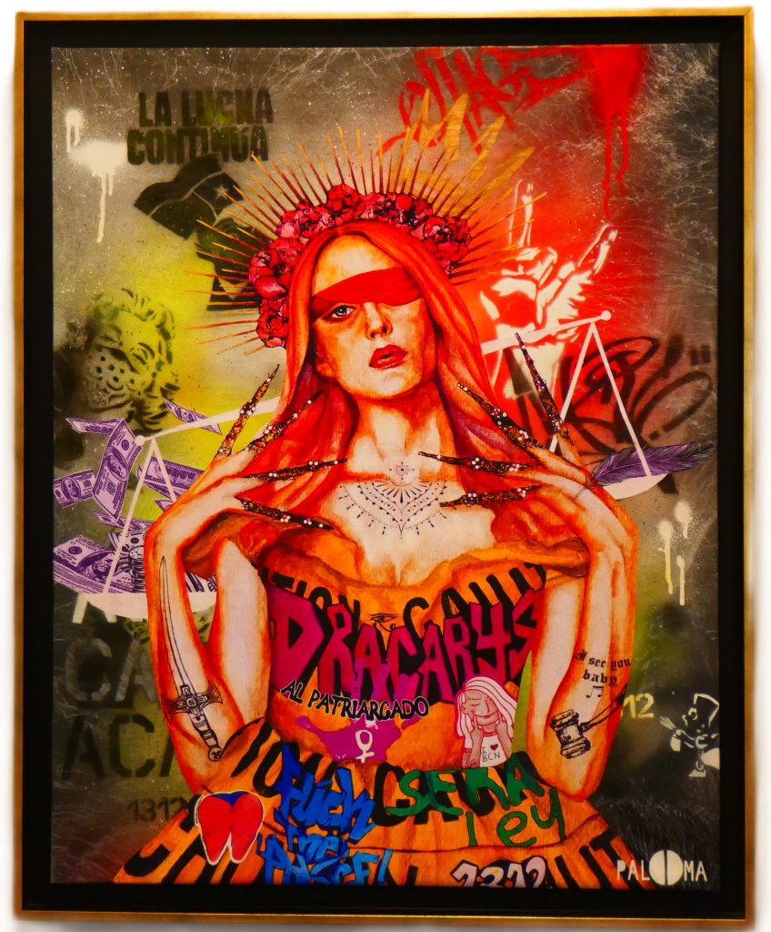 <strong>Money in the Scales of Justice</strong><br>
Paloma Rodriguez<br>
2020<br>
<br>
Wheatpaste, aerosol paint and vinyl stickers on canvas