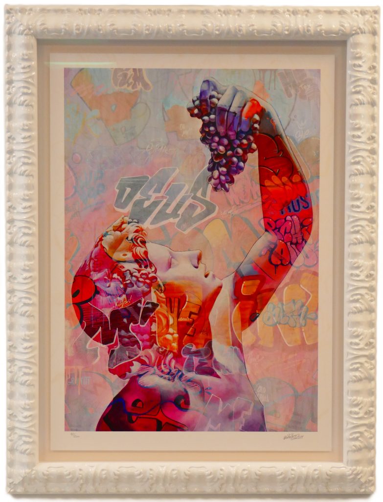 <strong>Young Bacchus Lefkos</strong><br>
PichiAvo<br>
2021<br>
<br>
Giclée print on Ilford 310 gsm cotton paper with blacklight-activated UV silkscreen