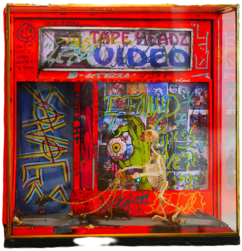 <strong>Look it Up</strong><br>
Brian Magby<br>
2022<br>
<br>
Paint and marker on wood with taxidermized bee and beetles, parakeet skull and muskrat skeleton